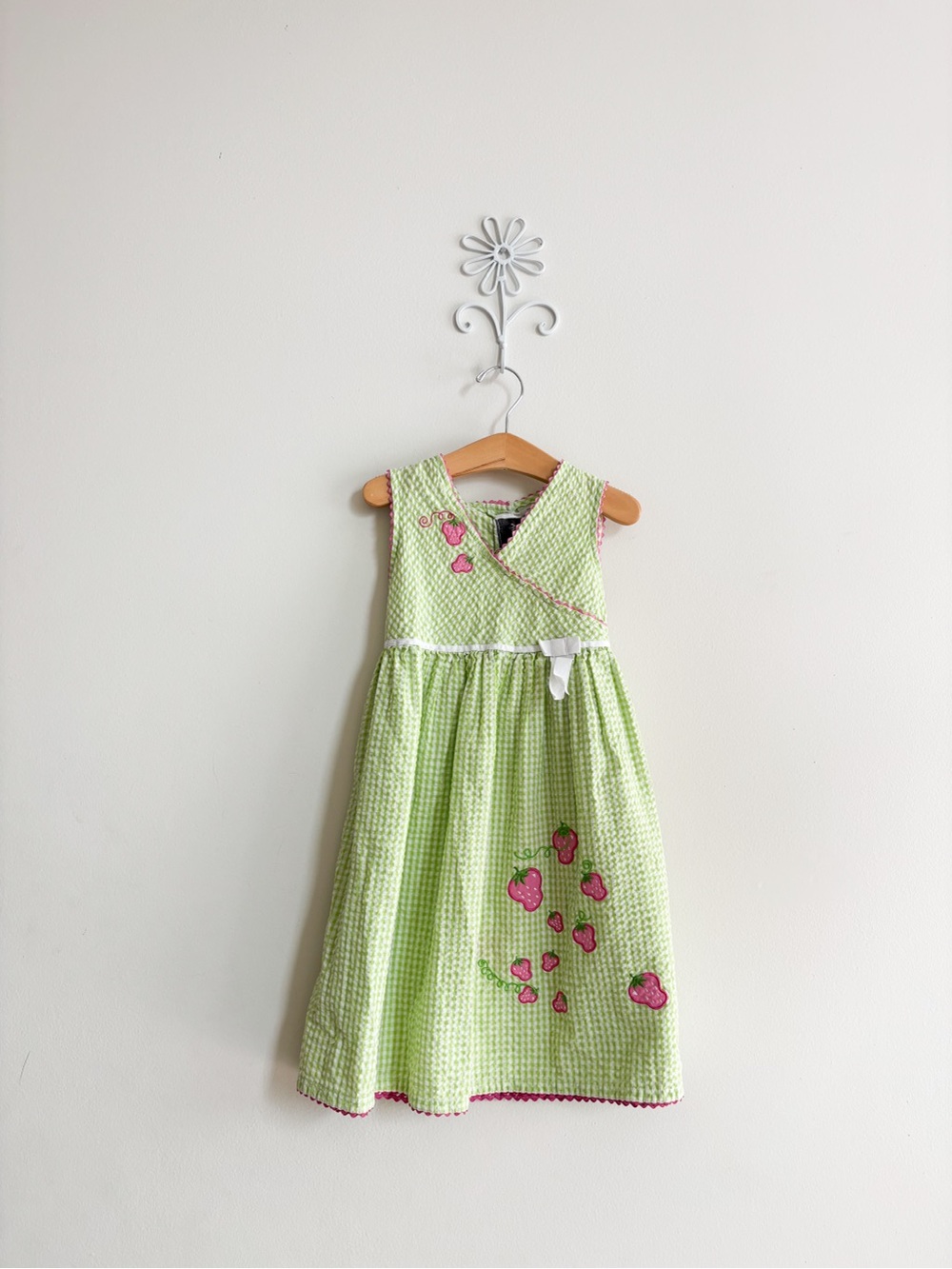 Youngland Light Green Dress with Pink Strawberry Appliqués